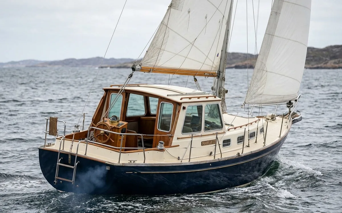 A Nauticat motorsailer underway with sails drawing, pilothouse and aft helm visible.