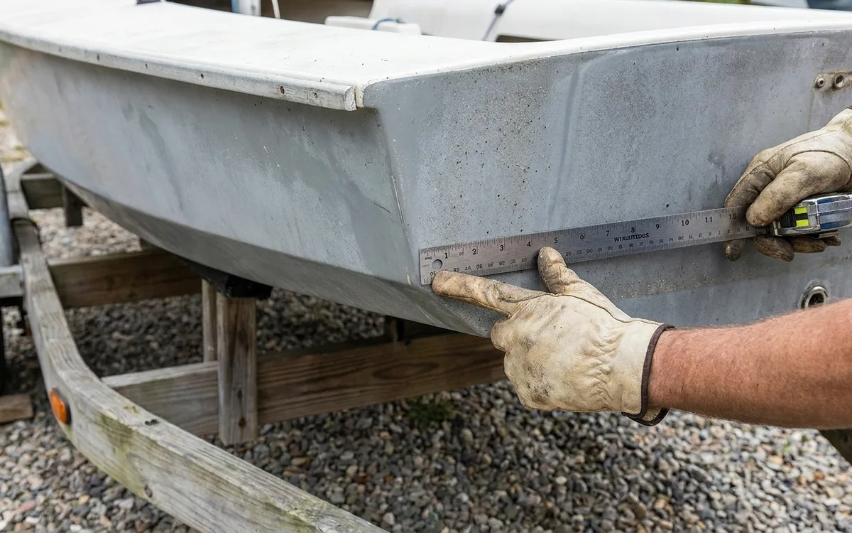 Hands use a straightedge and tape to inspect a boat’s hull sections and hard chine near the stern.
