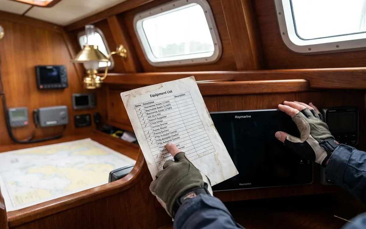 A buyer matches the yacht’s installed navigation display and autopilot to an itemised equipment inventory.