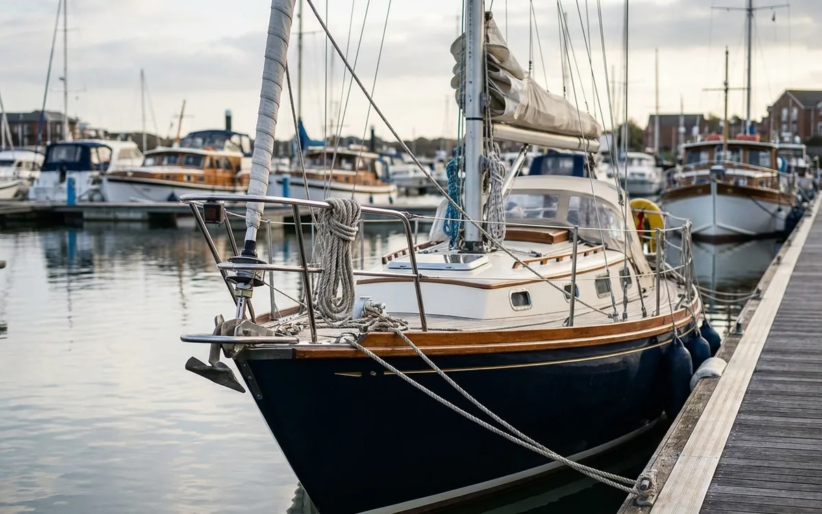 A used 32-foot sailing yacht moored at a UK marina in soft overcast light.