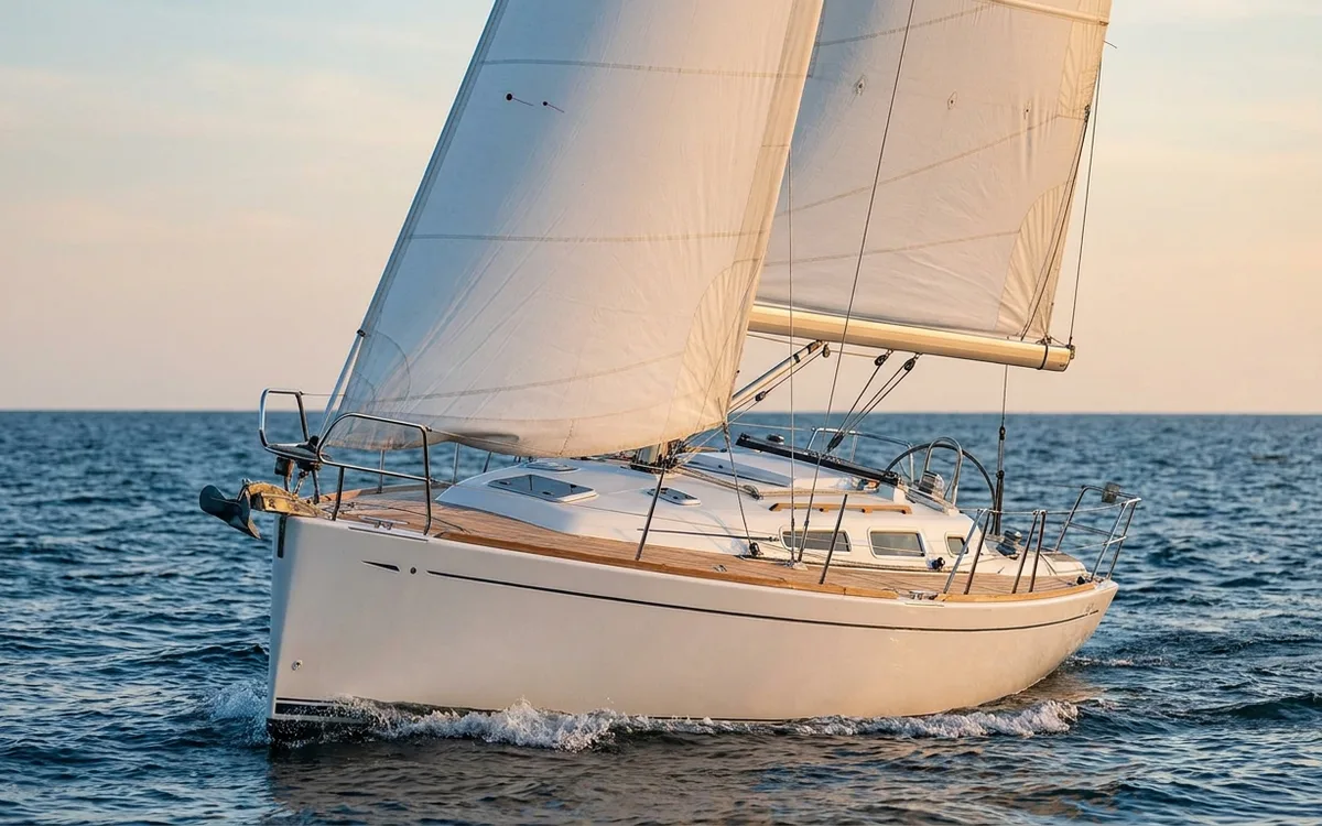 A fractional-rigged cruiser-racer sailing close-hauled with a slight heel in open water.