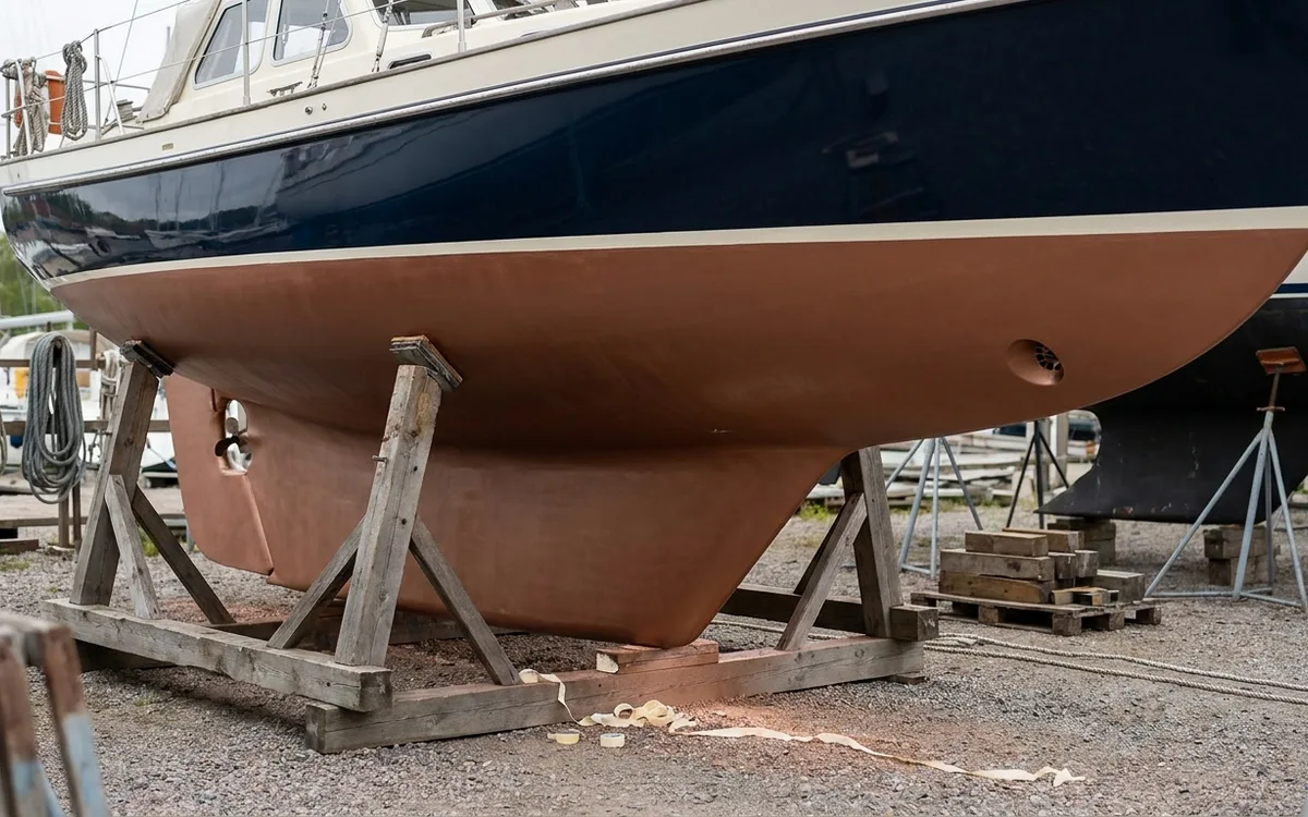 A Nauticat-style motorsailer on boatyard stands with its long keel and copper-brown coated hull visible.