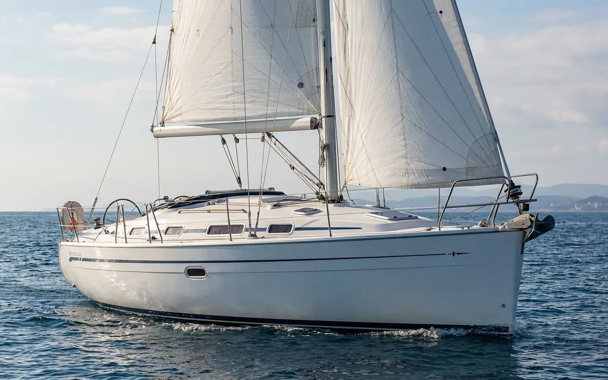 A classic Bavaria 36 cruising yacht sailing in open water, viewed from the bow.