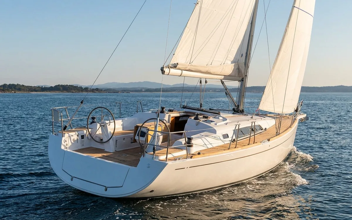 Modern 32-foot sailboat with twin tillers and an open transom sailing offshore