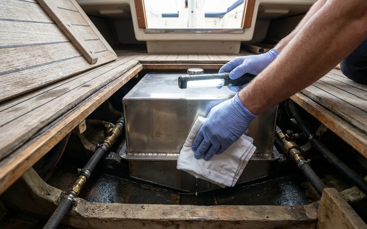 Hands check a Hallberg-Rassy 352 fuel tank’s lower seam for diesel leaks with a white cloth.