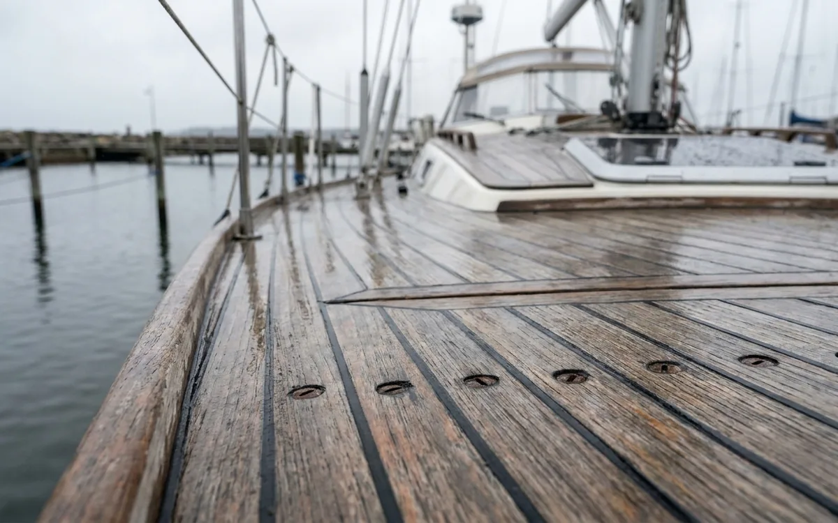Worn teak side deck with exposed screw heads and raised caulking on a Hallberg-Rassy 46.