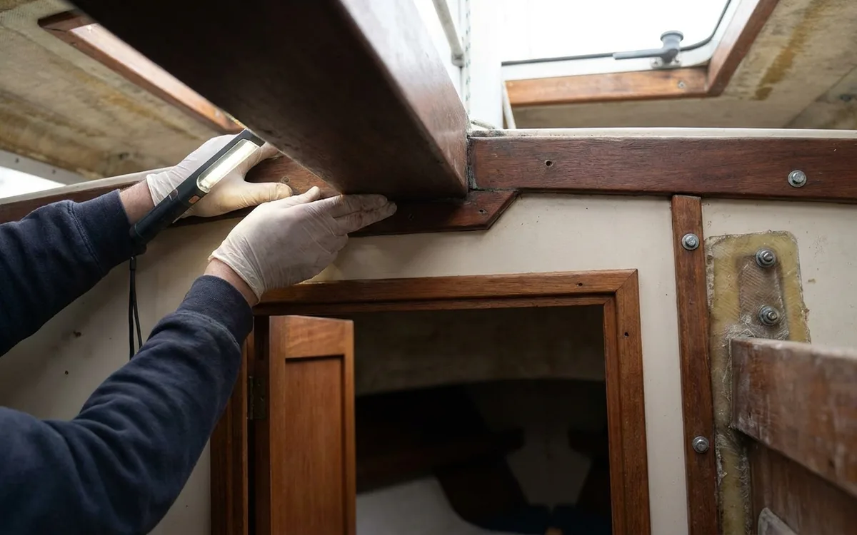 Hands inspect the mast support beam ends and bulkhead for sagging, splits, and damp timber.