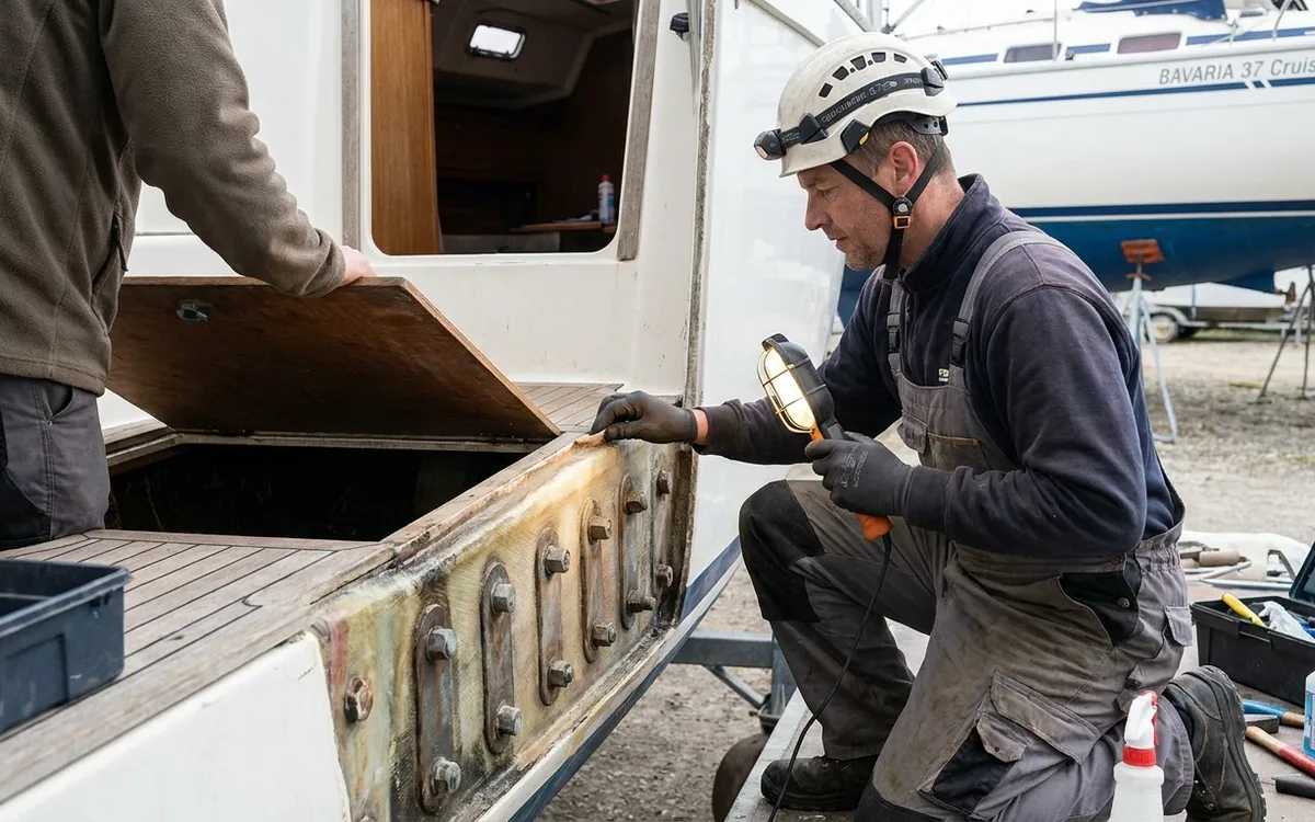 Surveyor checks keel bolts, transverse floors, and bonded edges in the exposed bilge of a Bavaria 37 Cruiser.