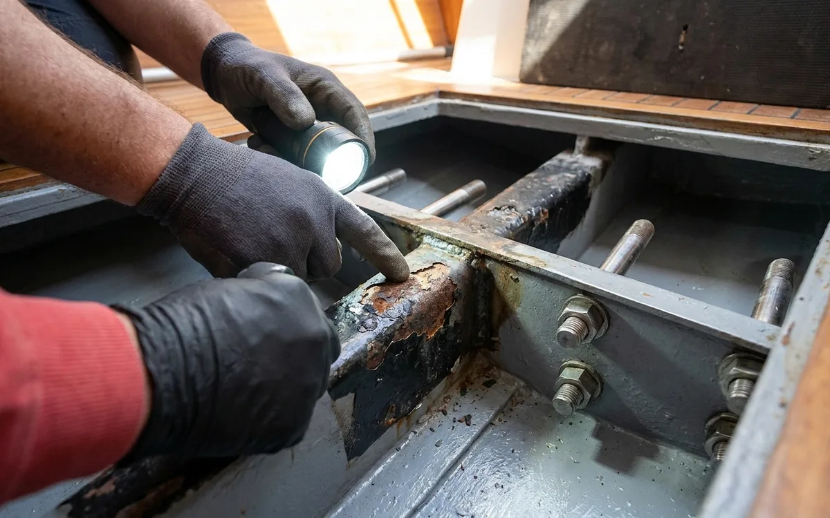 Hands use an inspection light to check exposed steel reinforcement and keel studs in a clean bilge.