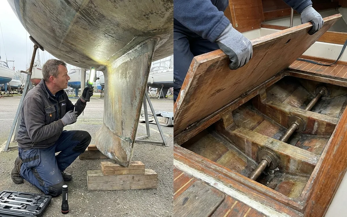 Surveyor checks the keel joint and exposed internal floors for grounding damage.