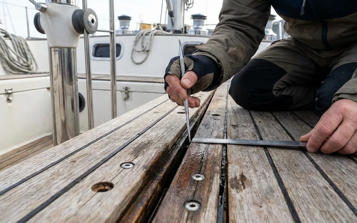 Surveyor gently tests an open teak deck seam beside the cockpit with a pick and checks plank thickness.