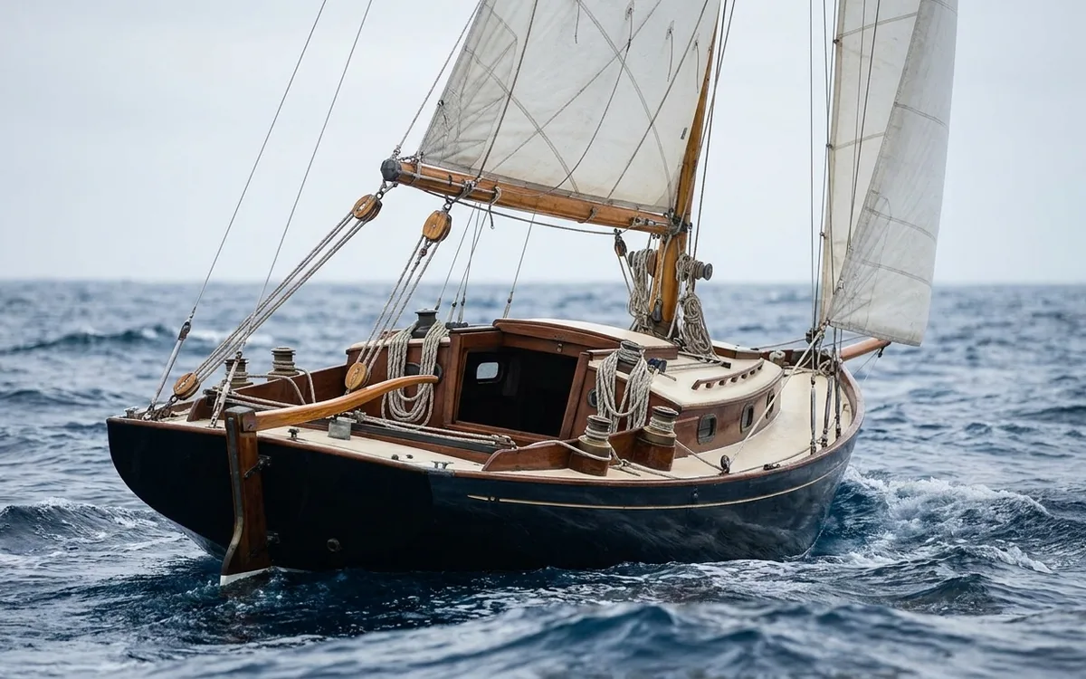Classic cutter sailing steadily through open-ocean swells under reduced sails.