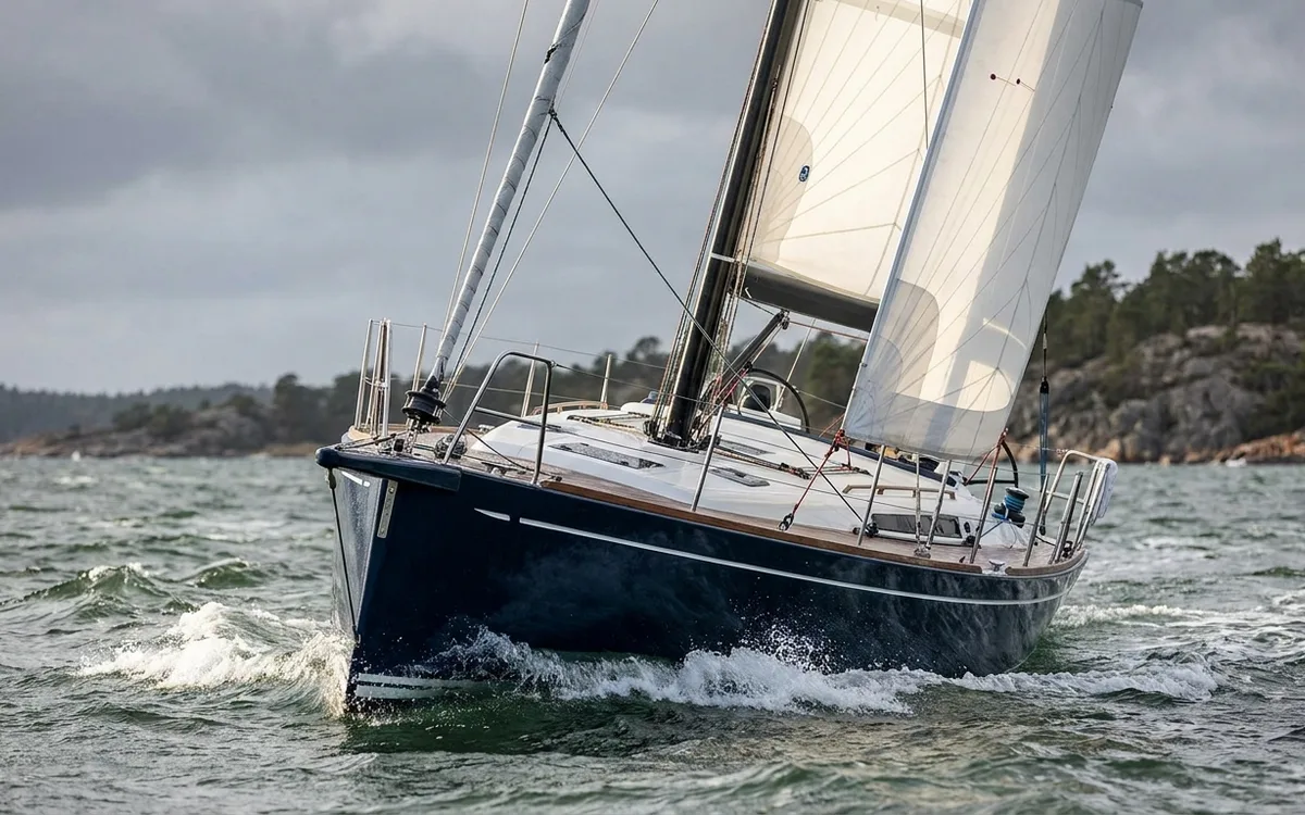 A Scandinavian performance cruiser sailing upwind through a short chop.