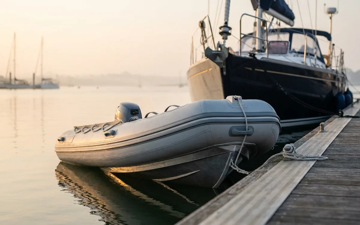 Compact aluminium-hulled RIB tender moored beside a cruising yacht at a pontoon.