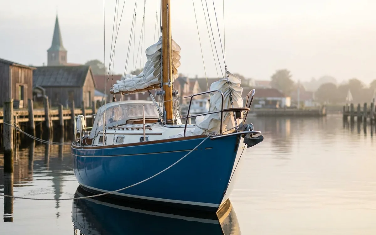 A classic Scandinavian cruising sailboat moored in a quiet Danish harbor at dawn.