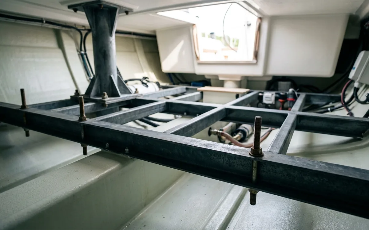 Galvanised steel structural grid secured across the fibreglass hull beneath a sailboat mast