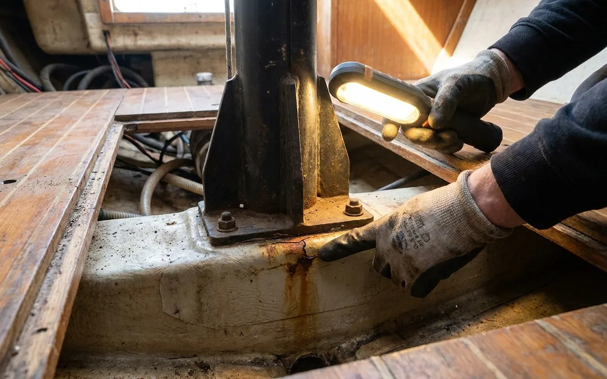 Hands use a lamp to inspect the mast support and surrounding laminate in the open bilge.