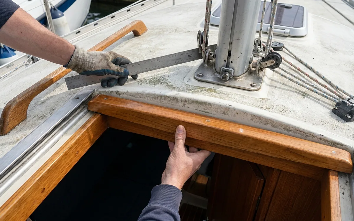 Hands check coachroof around the mast heel with a straightedge and inspect the support beam below.
