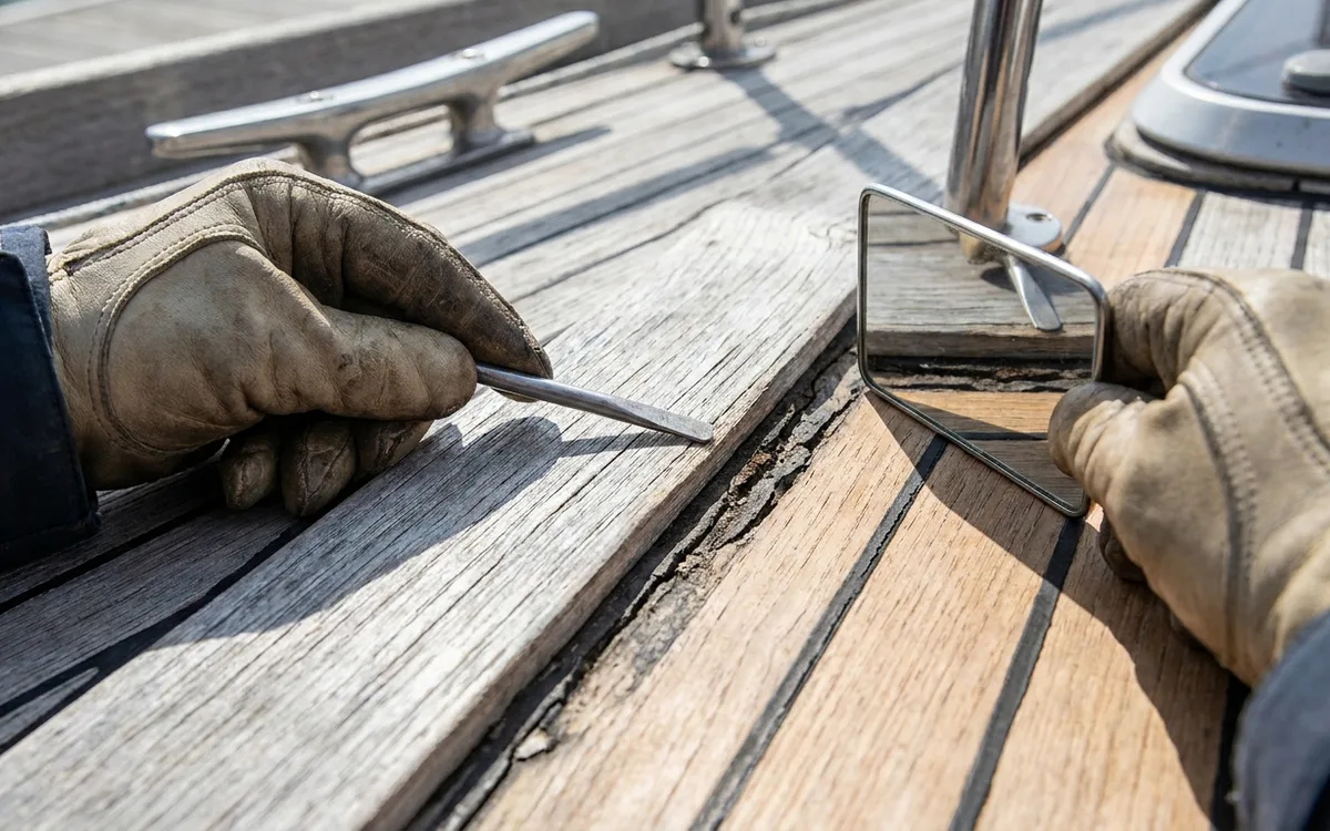 Hands gently probe a suspect teak deck plank beside the cockpit, checking its edge and seam for movement.