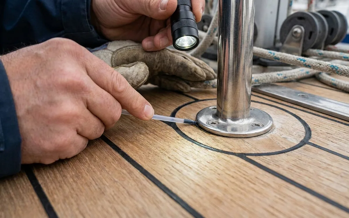 A surveyor gently probes the teak seam beside a stanchion base, checking for loose caulking and lifted plank edges.