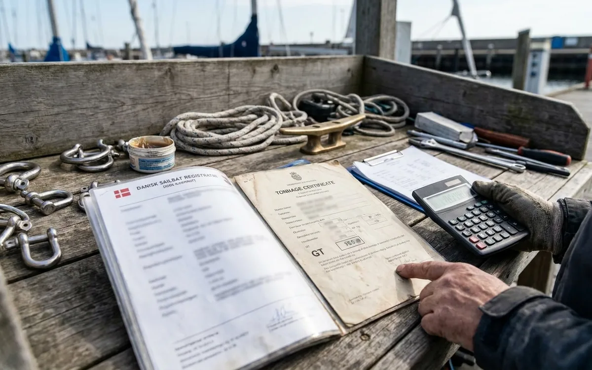 Hands compare a sailboat’s documented gross tonnage with the 20 GT registration threshold.