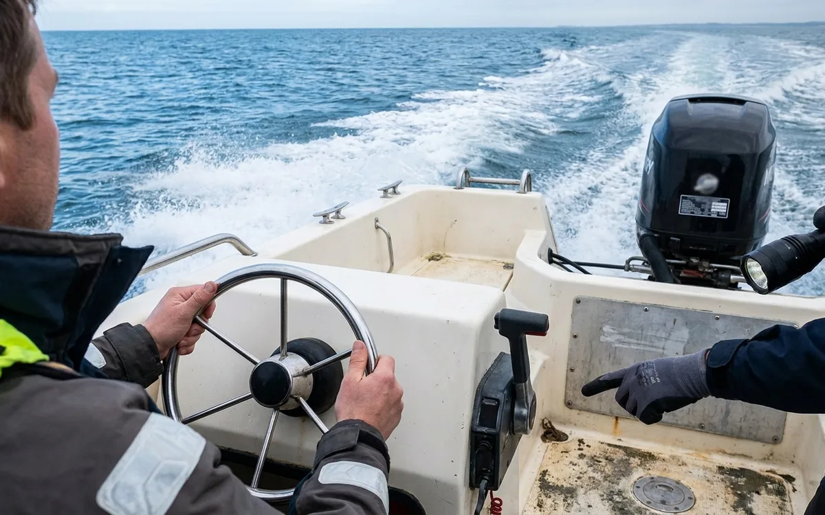A person checks a planing boat’s outboard rating while another steers at the helm.