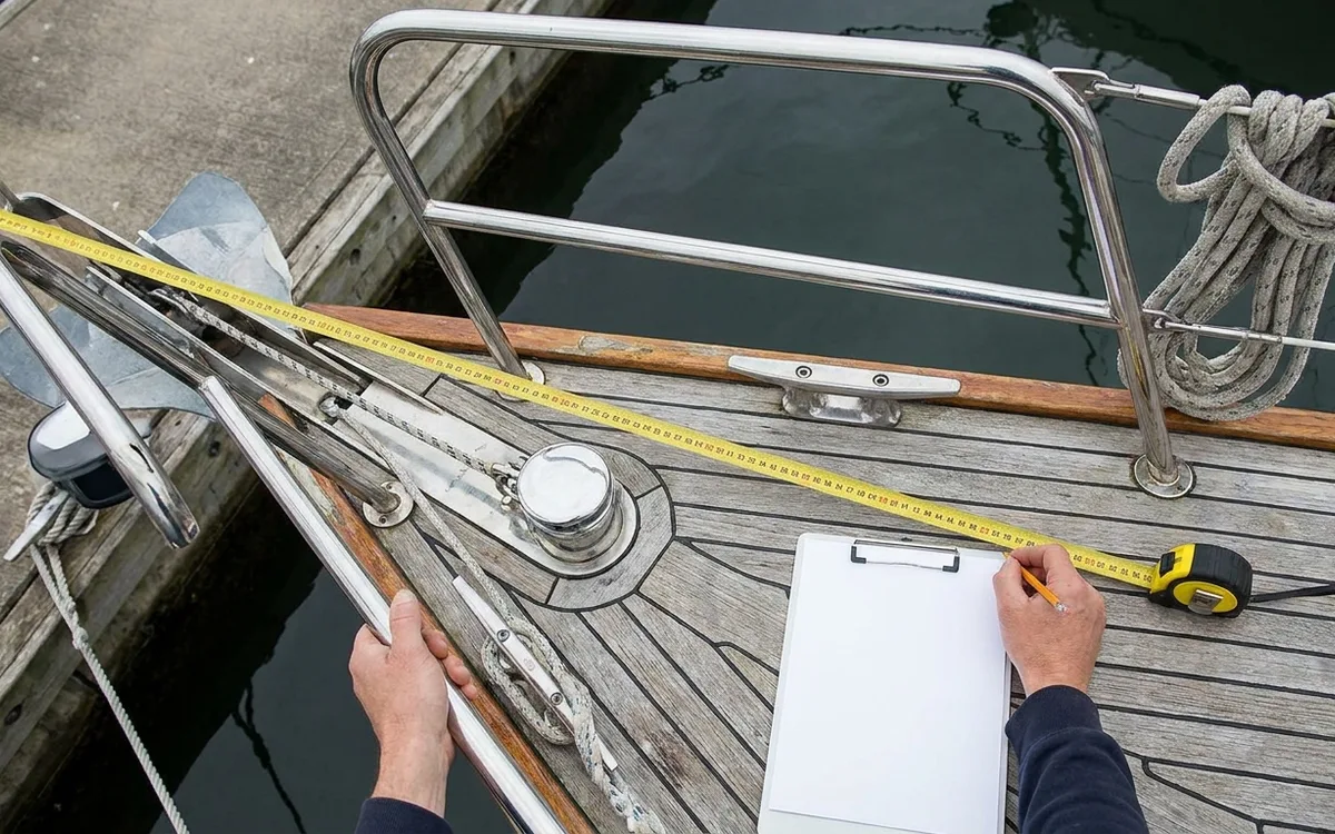 Hands measure a Nauticat from bowsprit tip to stern davits with a tape measure.