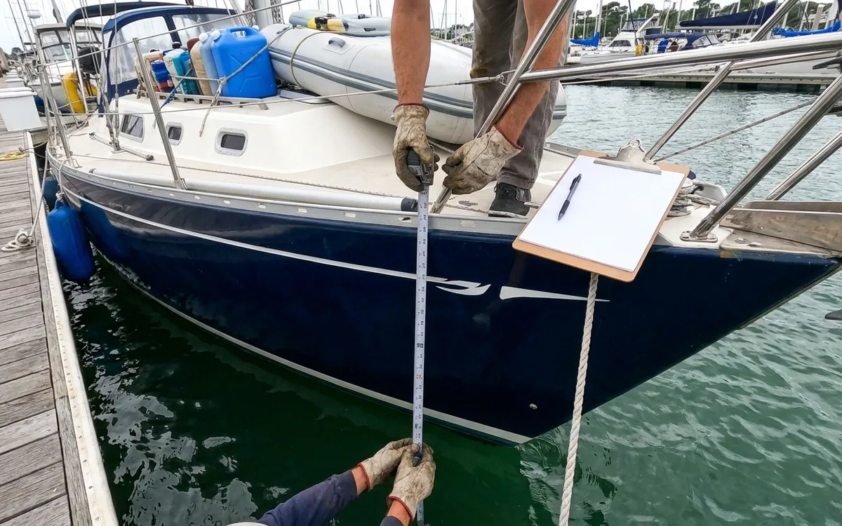Hands compare a provisioned 38-foot sailboat’s loaded waterline with its design mark.