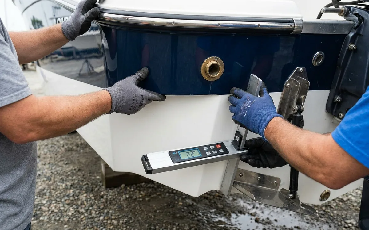 Hands measure a deep-V boat’s transom deadrise with an angle finder, showing 22 degrees.