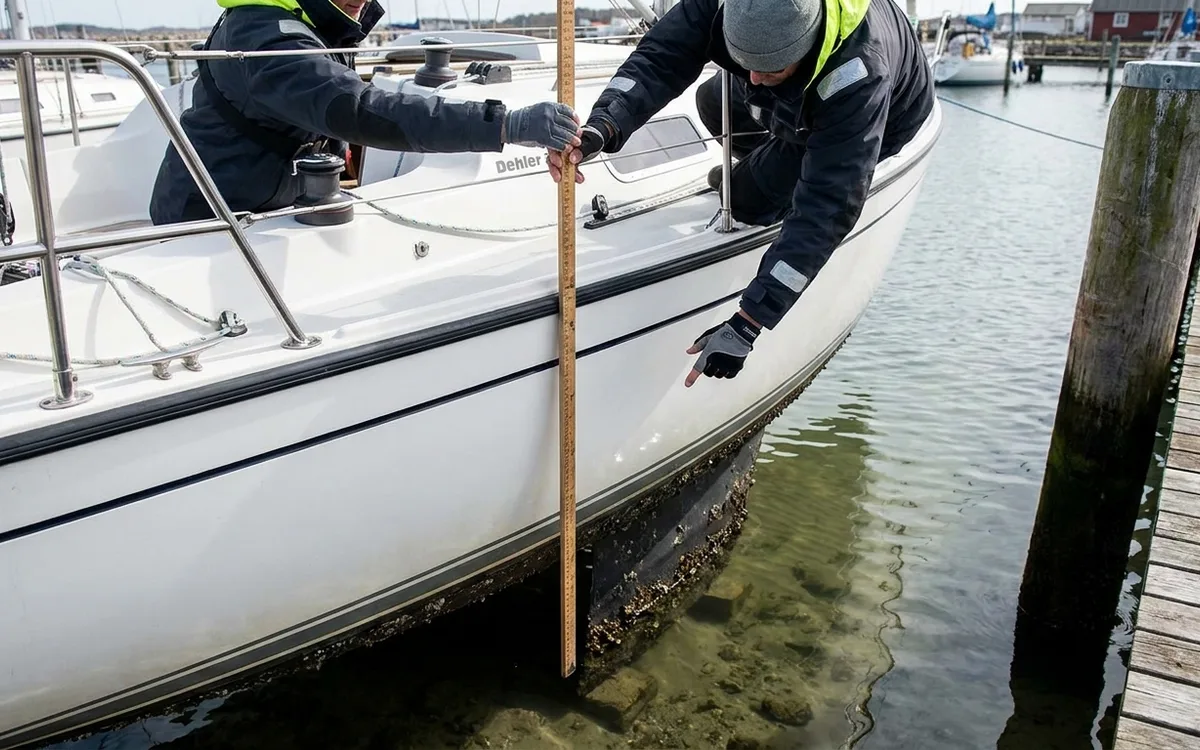 A sailor checks keel clearance beside a Dehler 34 at its berth with a depth pole.
