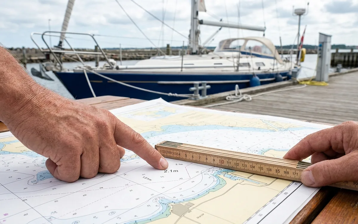 Hands compare a harbour depth on a chart with the HR 31’s 1.71 m draught, allowing clearance.