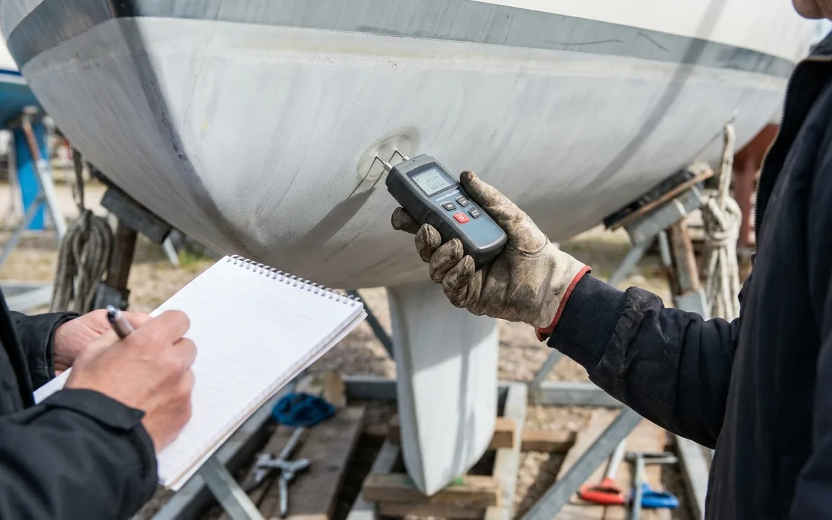 A surveyor checks the Maxi 999’s hull with a moisture meter while the buyer takes notes.