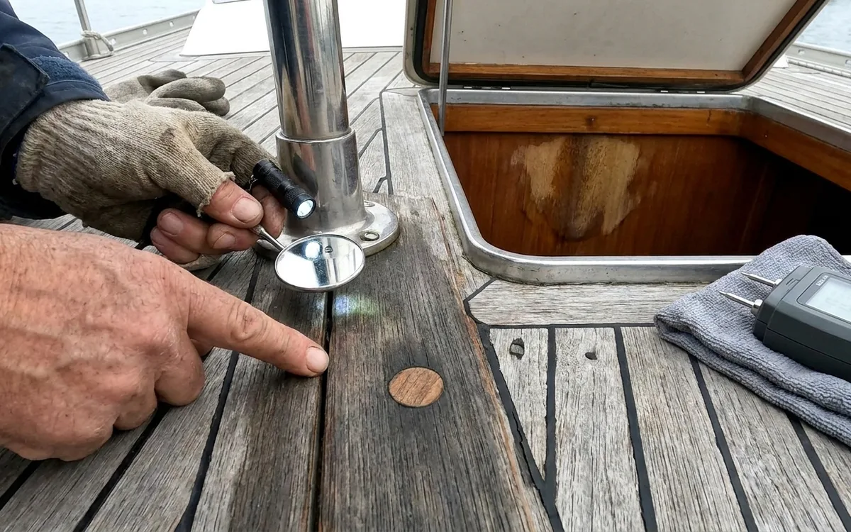 Hands inspect a teak deck plug, seam and plank edge beside a stanchion fitting.