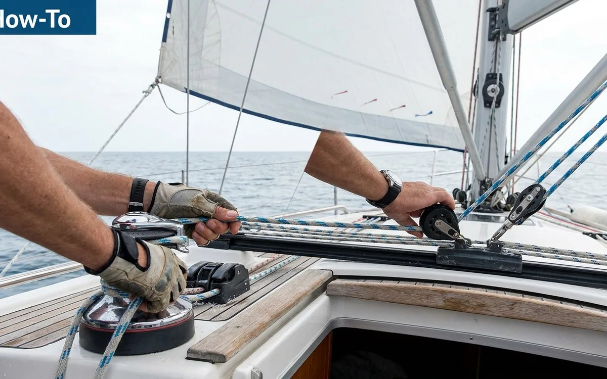 Hands ease the mainsheet and lower the traveller to open the leech and reduce heel.