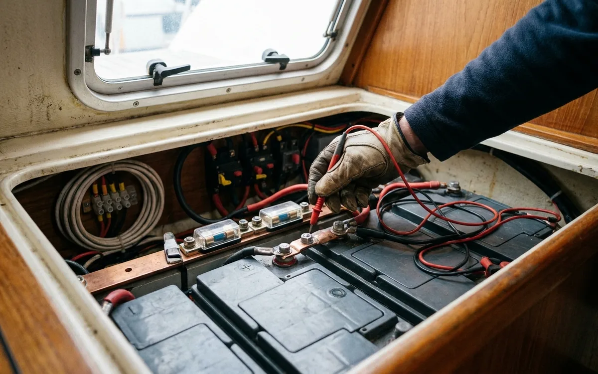 A multimeter probe checks a main fuse beside a sailboat’s battery bank.