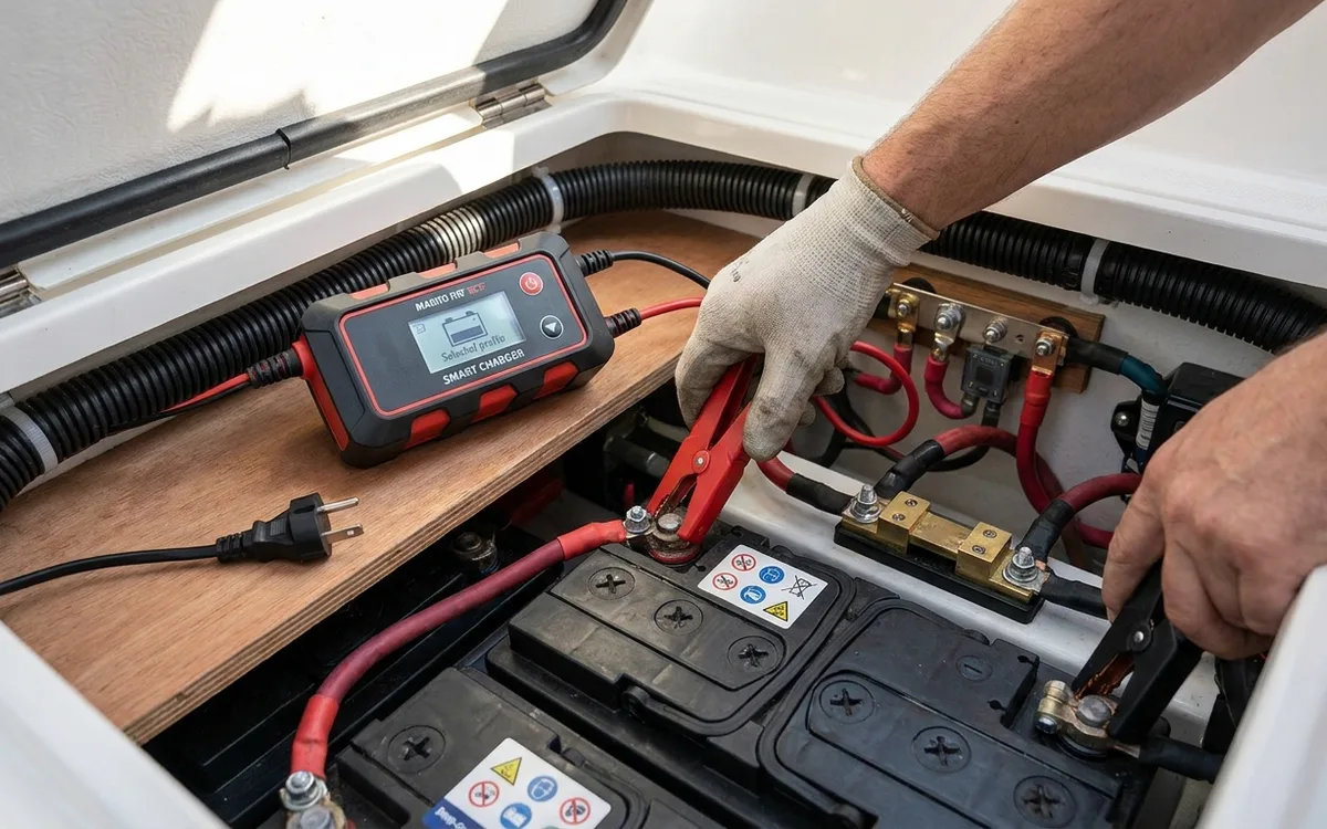Hands attach a switched-off smart charger to the positive terminal and system-side negative charging point.