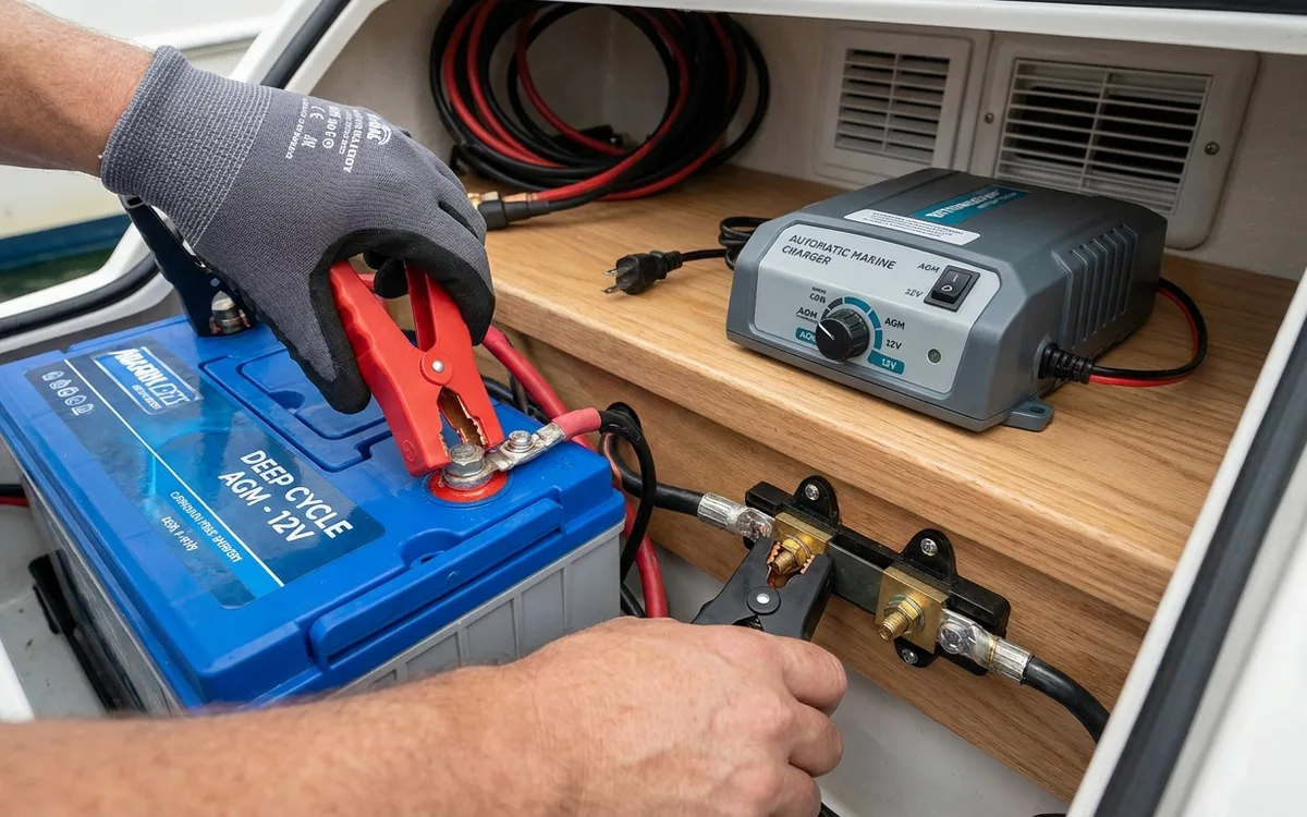 Hands attach an unplugged marine charger's red lead to positive and black lead to the shunt's system side.