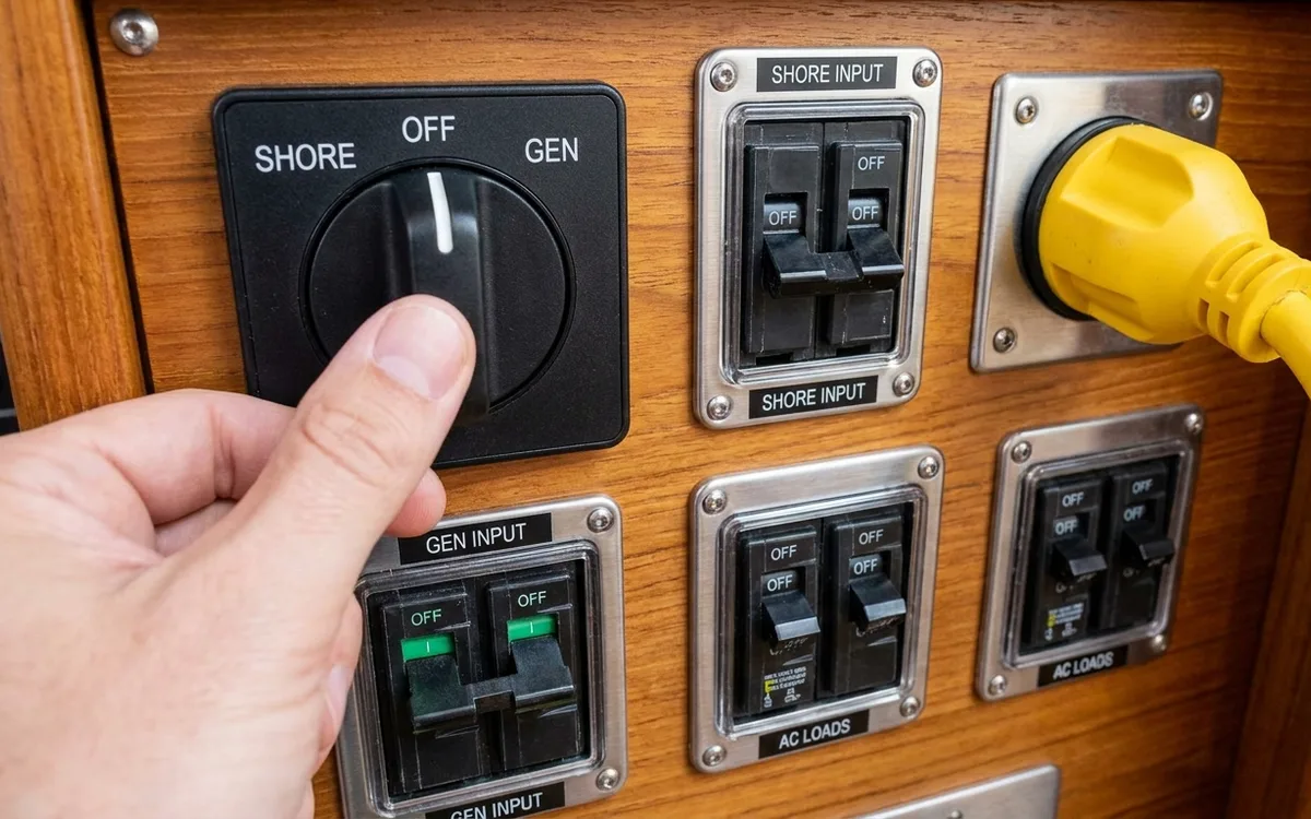 A hand switches the boat’s interlocked AC selector from Shore to Off with the shore breaker off.