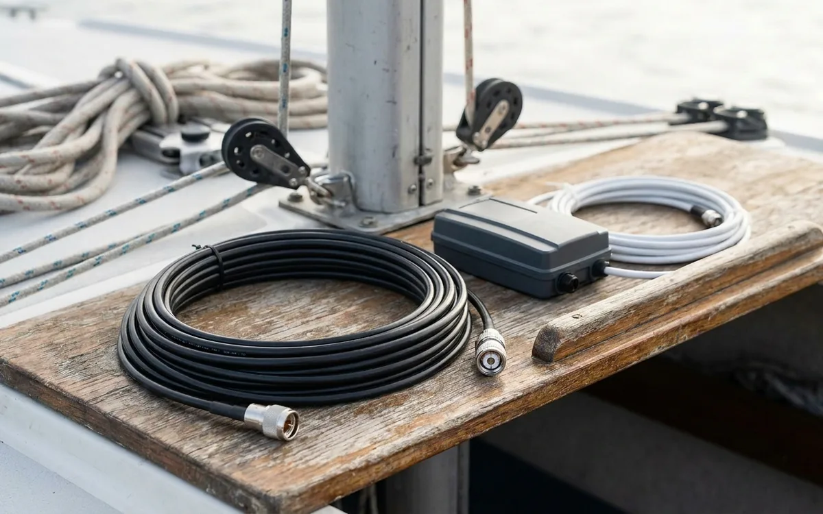 Short RG-58 coax with a narrow PL-259 connector beside a marine AIS transceiver.