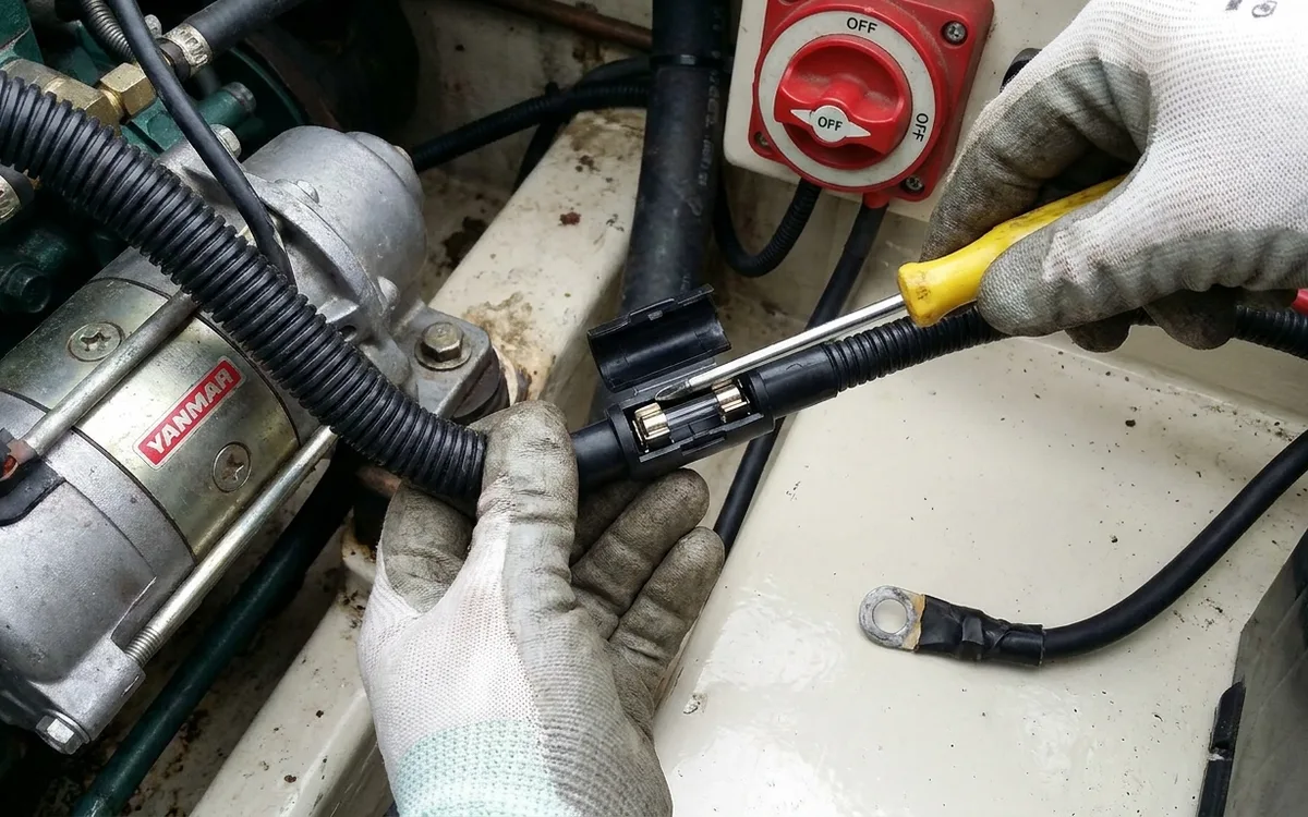 Hands locate and open the inline fuse holder on the small engine wiring loom beside a Yanmar starter.