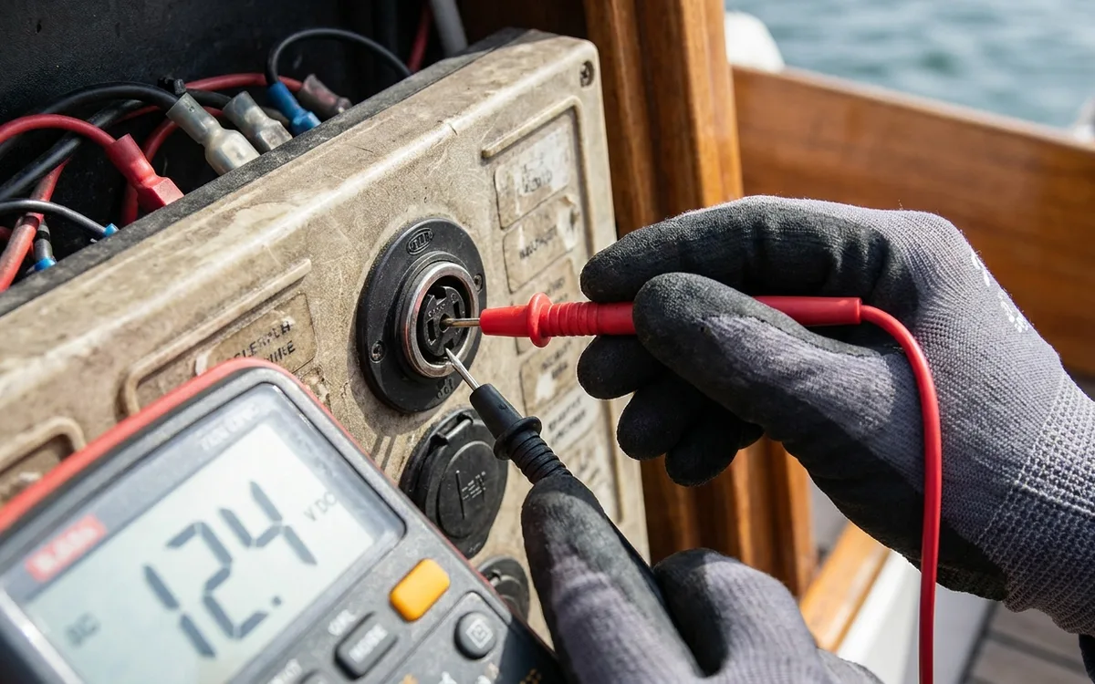 Hands check a boat’s DIN socket with a DC multimeter, red probe at centre and black probe at outer contact.
