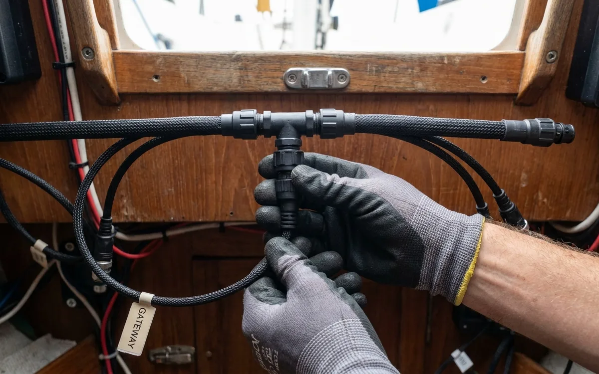 Hands connect a gateway drop cable to a spare T-piece on the NMEA 2000 backbone.