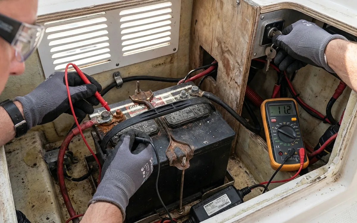 Hands measure voltage at boat battery posts while the engine cranks; the meter stays near 10V or above.