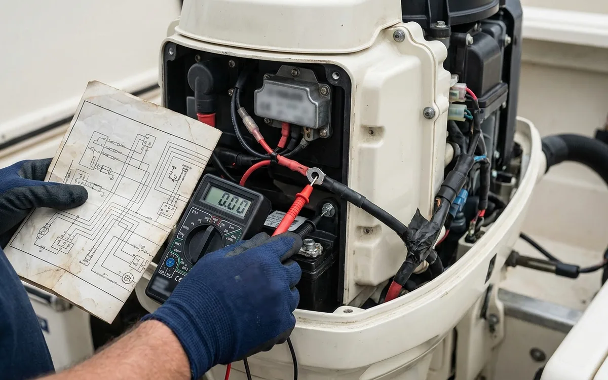 Hands check continuity between the regulator earth terminal and engine ground with a multimeter.