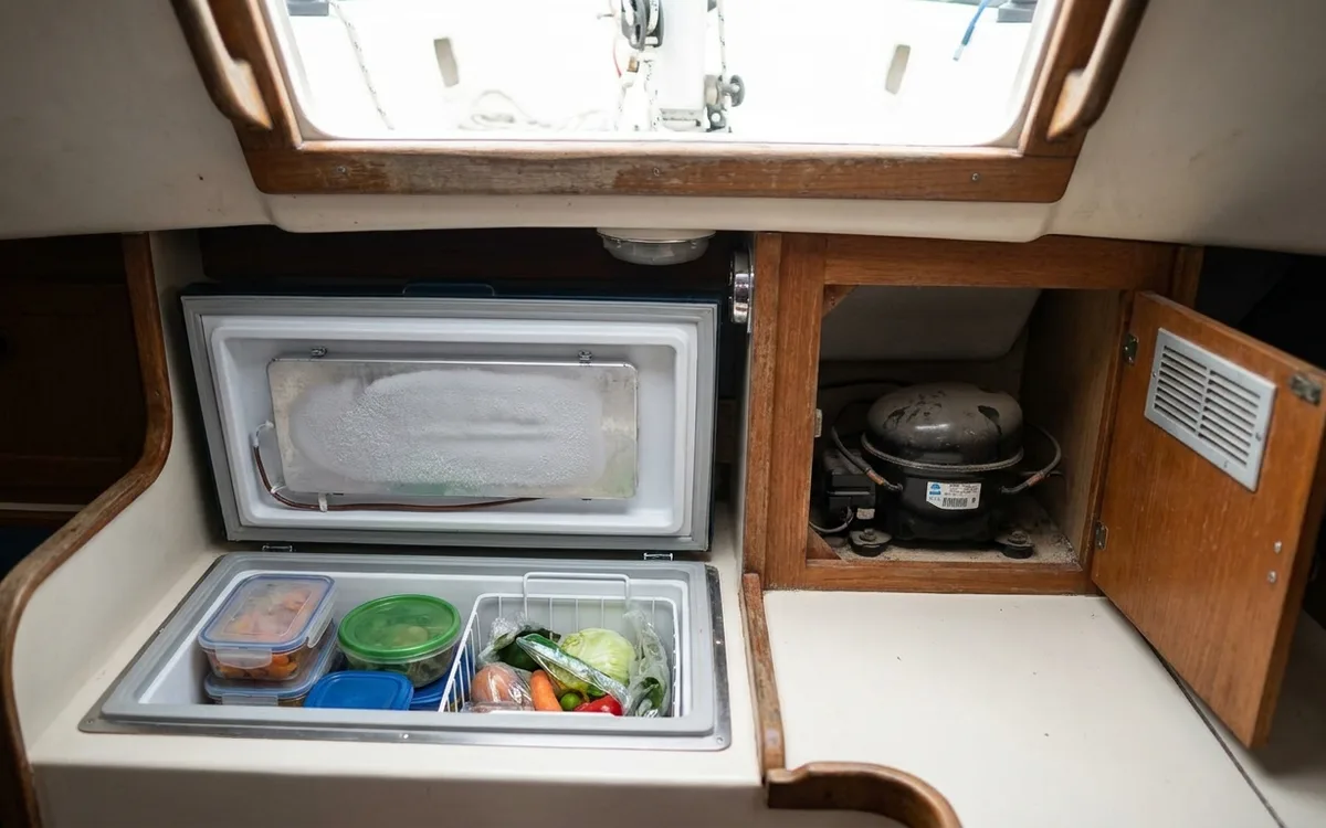 Open sailboat fridge showing the evaporator plate and nearby compressor locker