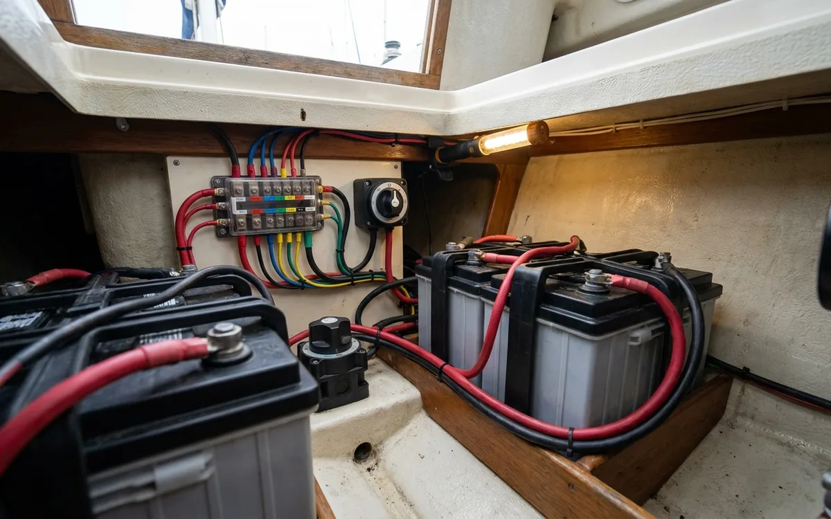 Two battery banks and connected wiring in a sailboat engine compartment