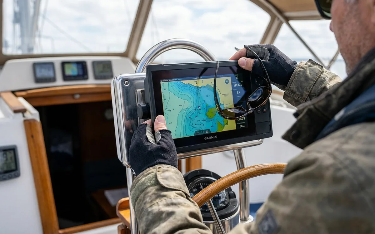 Hands check a mounted 9-inch chartplotter’s visibility and reach from the sailboat helm.