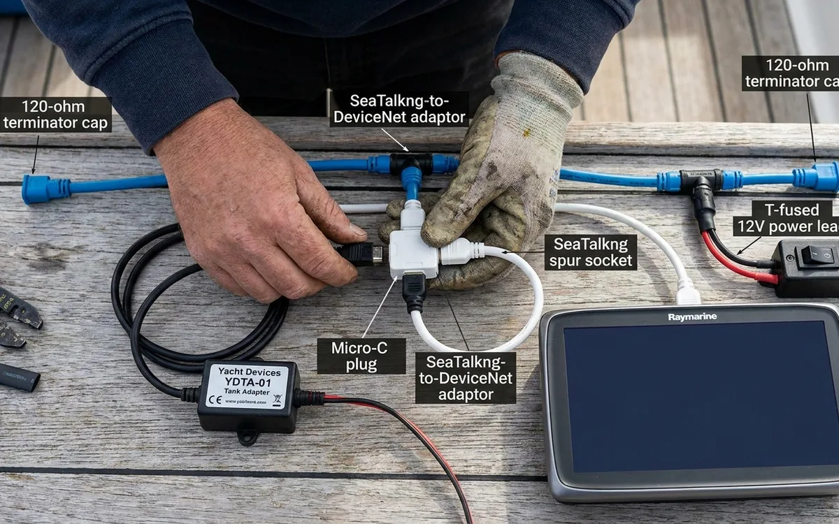 Hands connect a YDTA-01 Micro-C adapter to a SeaTalkng white spur via an adaptor cable.