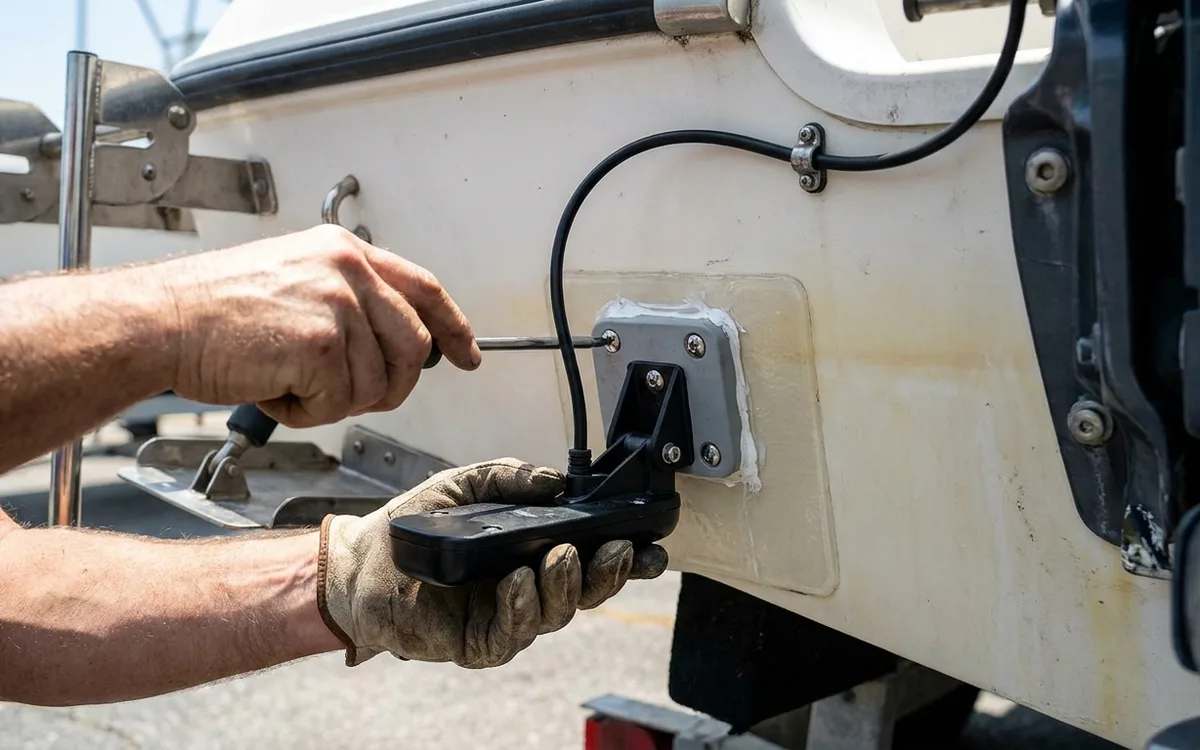 Hands align a transom transducer level with the hull bottom on the clear starboard transom.