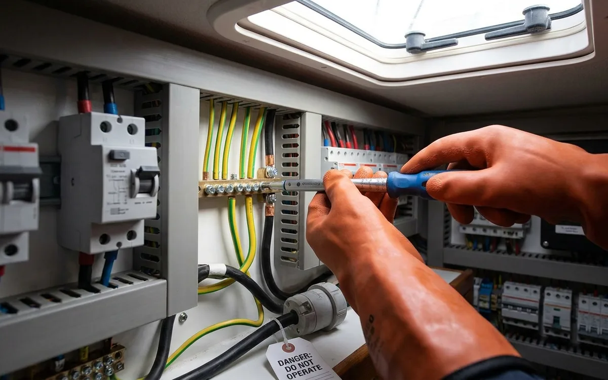 A marine electrician secures the protective-earth wire to the boat’s earth bar with a torque screwdriver.